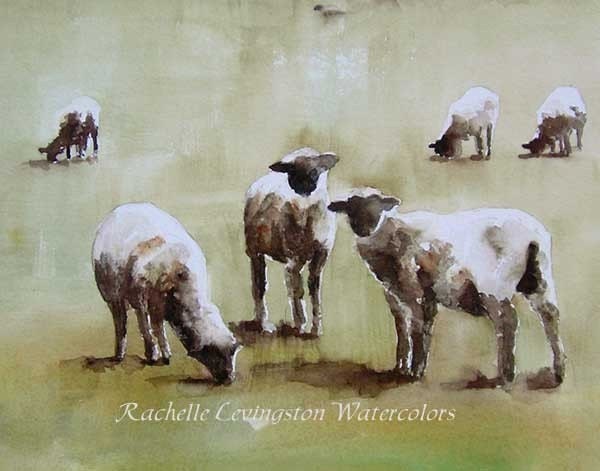Girls Nursery Art print  sheep print / Lamb PRINT 8 x 10 (from  lamb painting) Nursery Farm art in black cream brown tan white green ivory