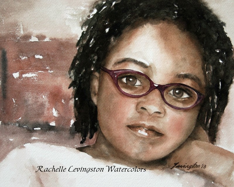 watercolor portrait painting African American portrait Girl art PRINT African American Girl African American 8x10 Girl in thought glasses