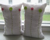Pink and Green Button Flower Beanbags in White Linen
