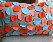 Disc Pillow in Aqua, Coral and Dark Orange