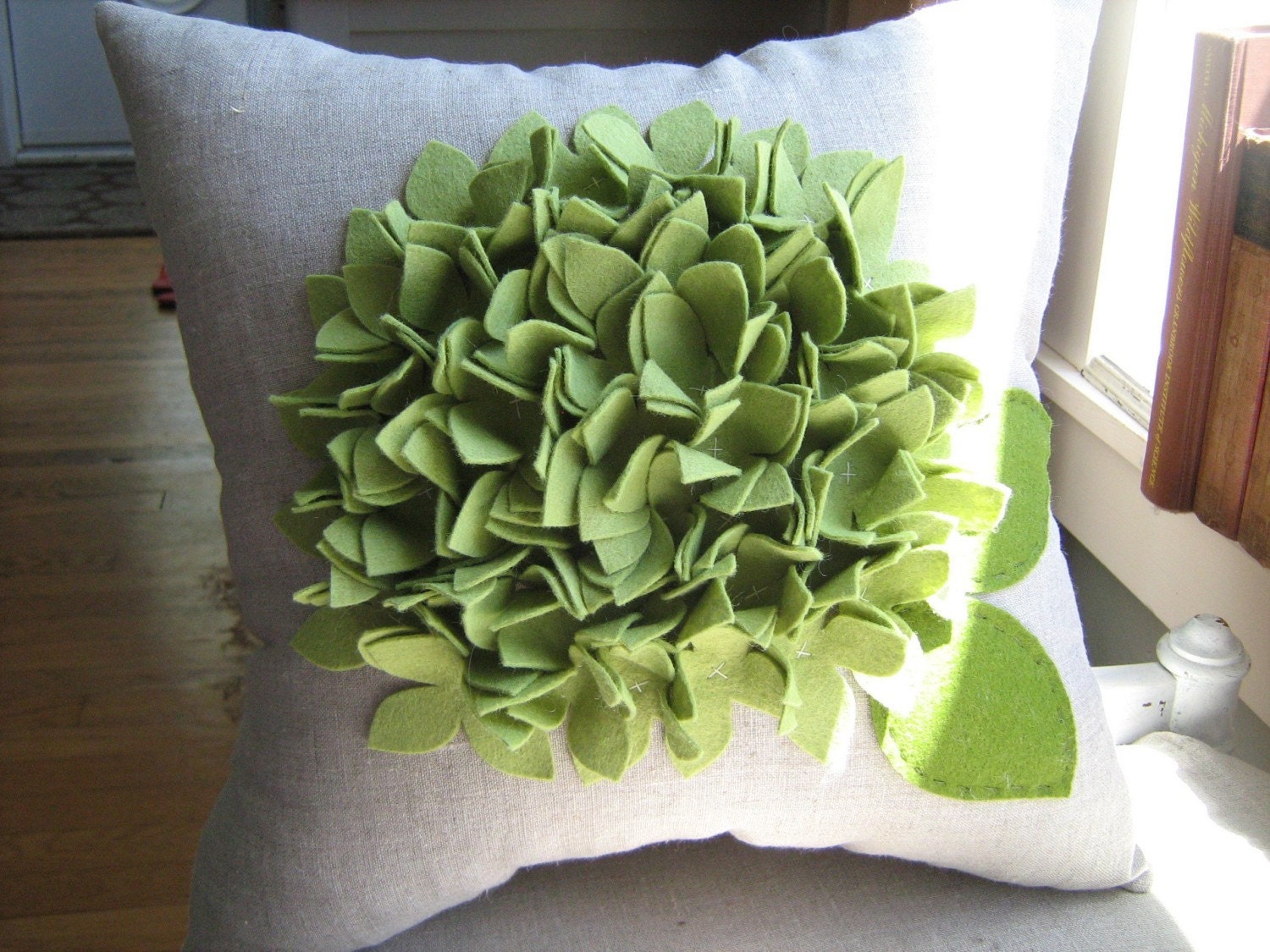 Hydrangea Pillow in Pea/Sage Green and Oatmeal Linen
