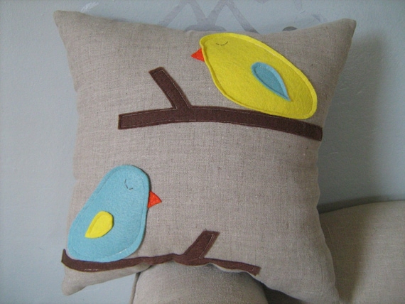 Hello Up There Bird Pillow in Yellow and Tiffany Blue