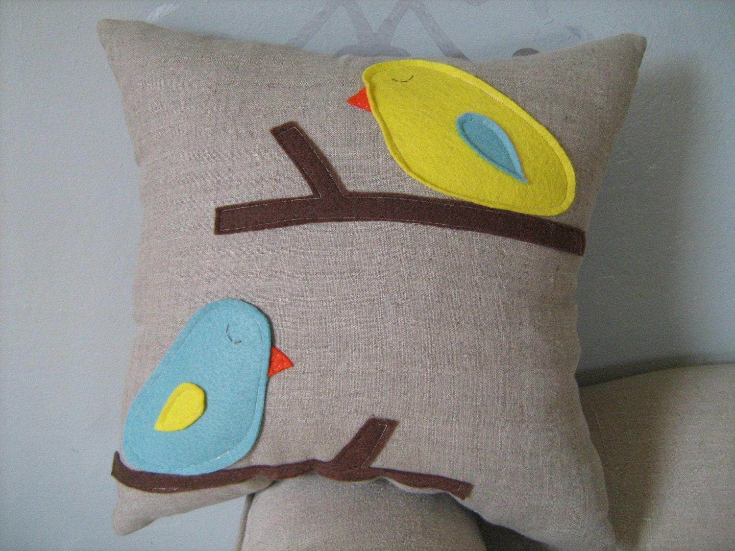 Hello Up There Bird Pillow in Yellow and Tiffany Blue