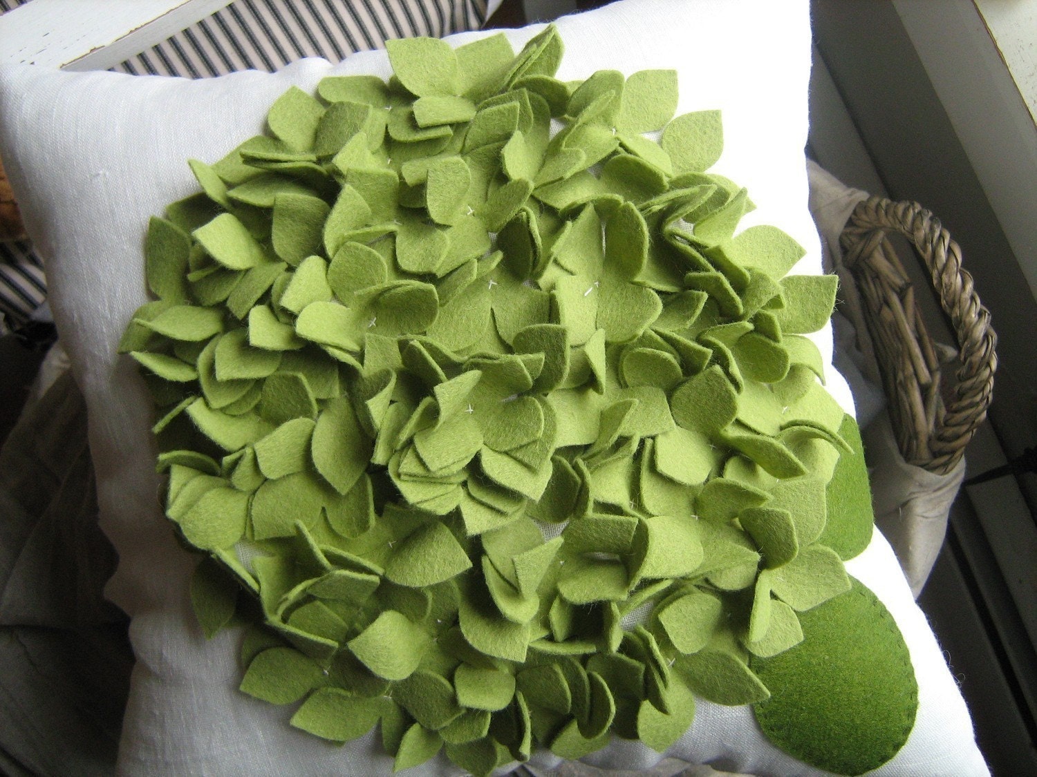 As Seen On Abc's GOOD MORNING AMERICA Hydrangea Pillow in Cream Linen and Sage/Pea Felt