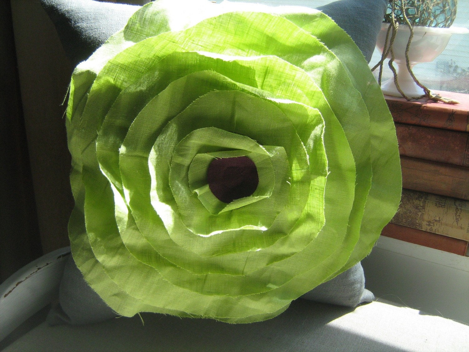 Stuffed French Rose in Chartreuse and Eggplant Linen