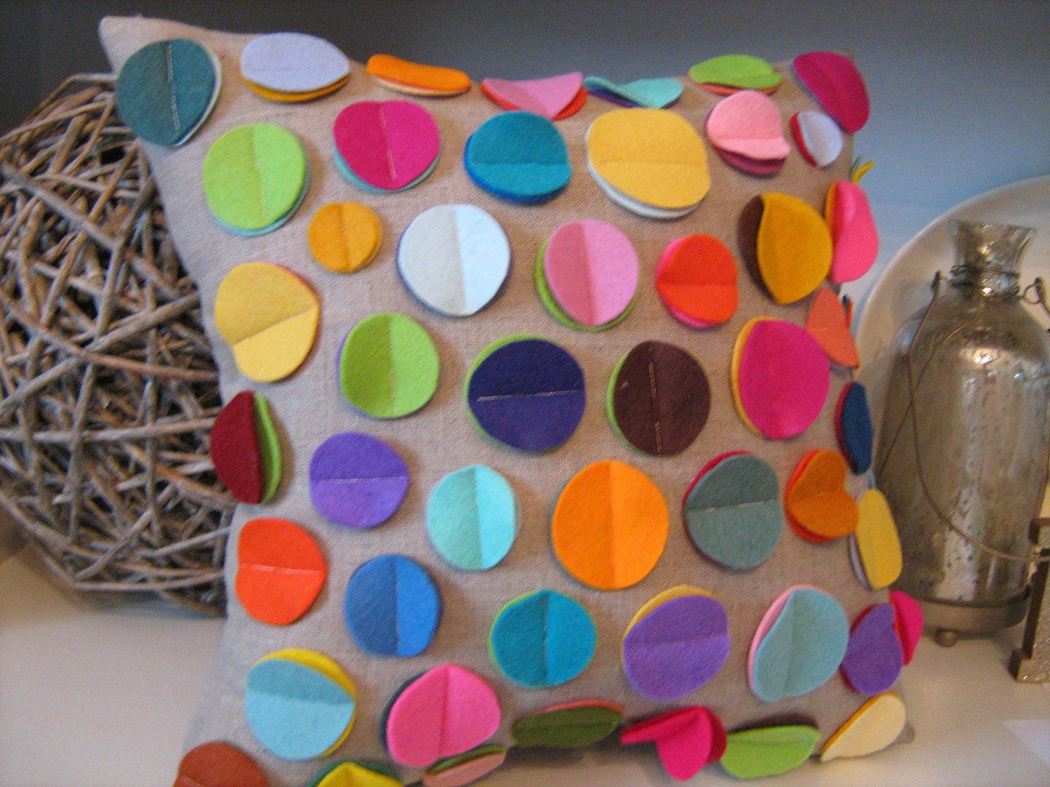 As SEEN in DIY Magazine- Rainbow Disc Pillow on Oatmeal Linen