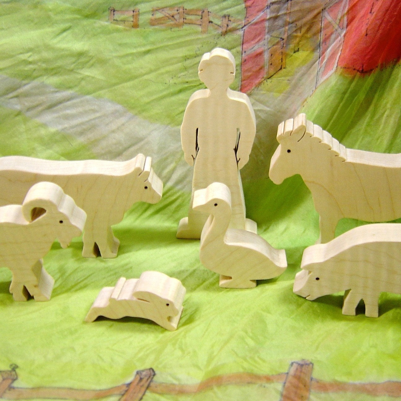 wooden farm animal Set (7 pc)  horse cow pig duck bunny goat and farmer