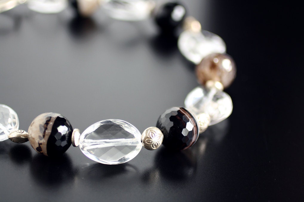 Agate, crystal, and silver statement necklace