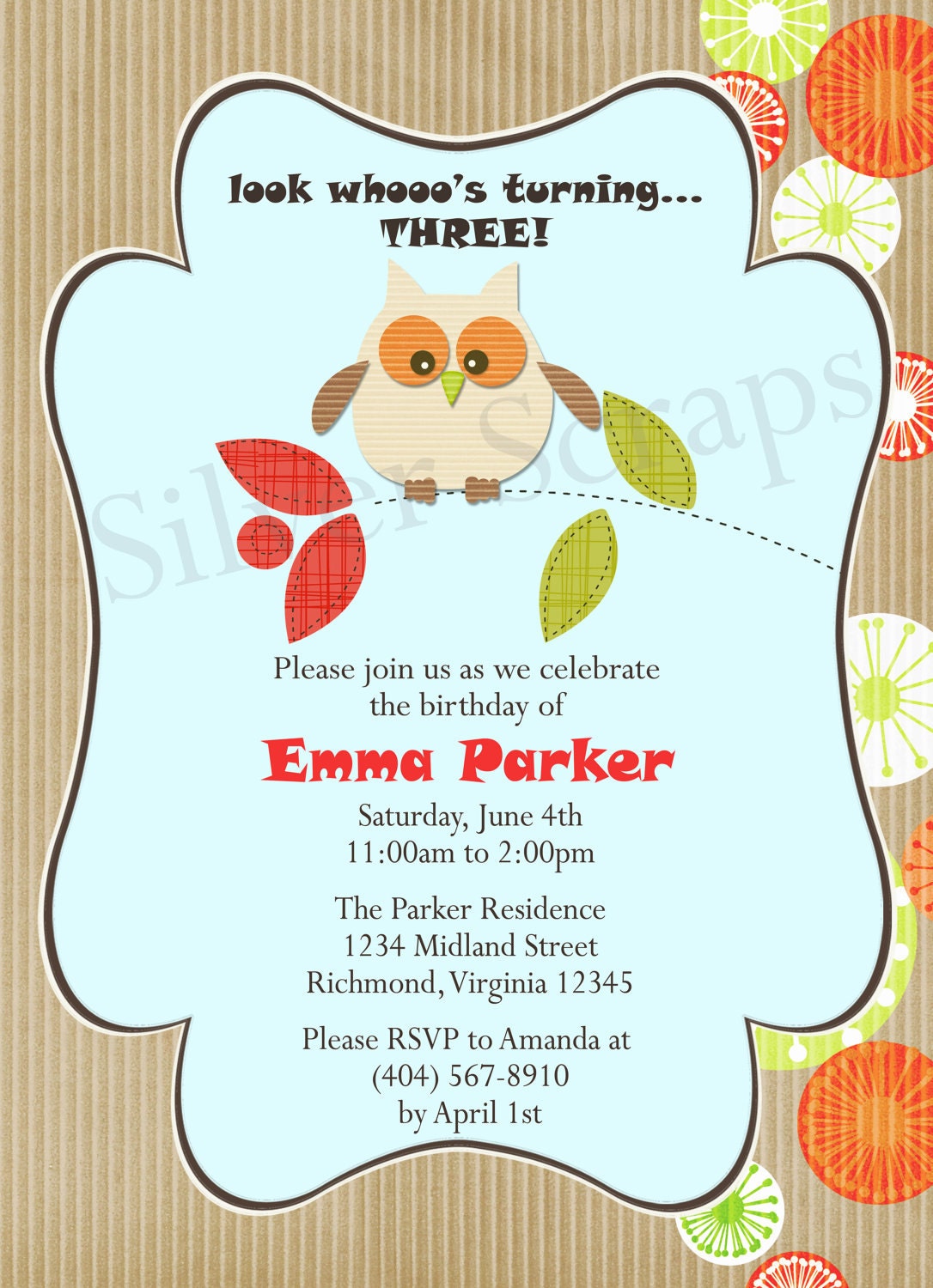 Look Whooo's Having a Birthday Custom Digital Owl Invitation -Girl Orange Lime Green Pink Blue Brown Grey Flower Baby Shower - 5 Designs