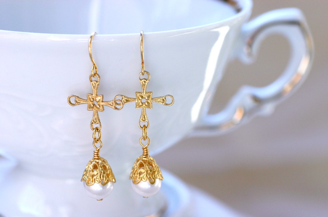 White Pearl and Gold Cross Earrings