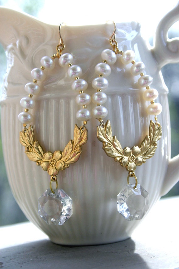 Pearl Gold Crystal Chandelier Earrings