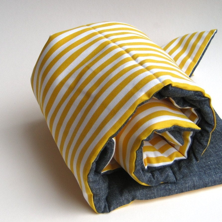 Eco Friendly Nap Mat - Toddler Preschool Kids Sleeping Pad - Yellow and White Striped Kids School Napmat with Organic Denim (Ready to Ship)