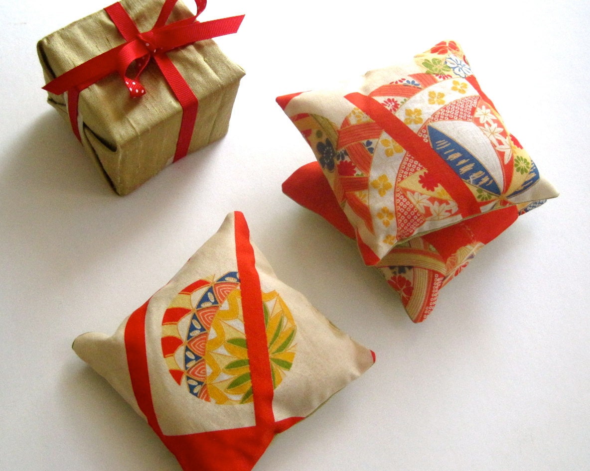Vintage Kimono Silk Balsam Fir Sachets SET of 3 - Festive Home Decor - Hostess Favours (1 set only - ready to ship)