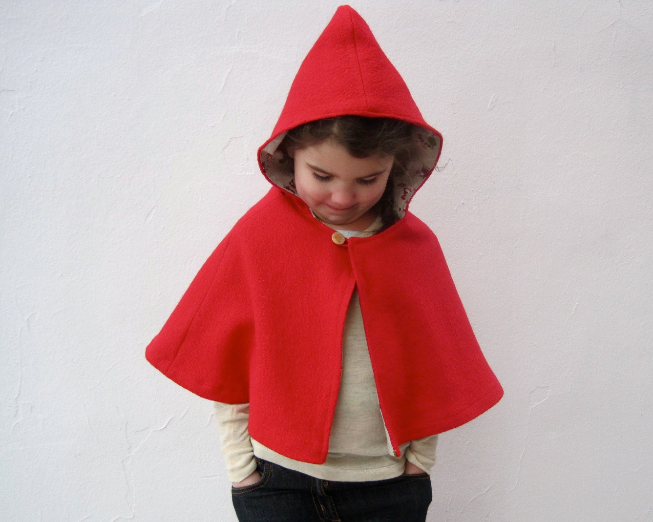 little red riding hood girls cape size 3T to 5T / boiled WOOL shrug with Japanese cotton lining / kids fashion - SewnNatural