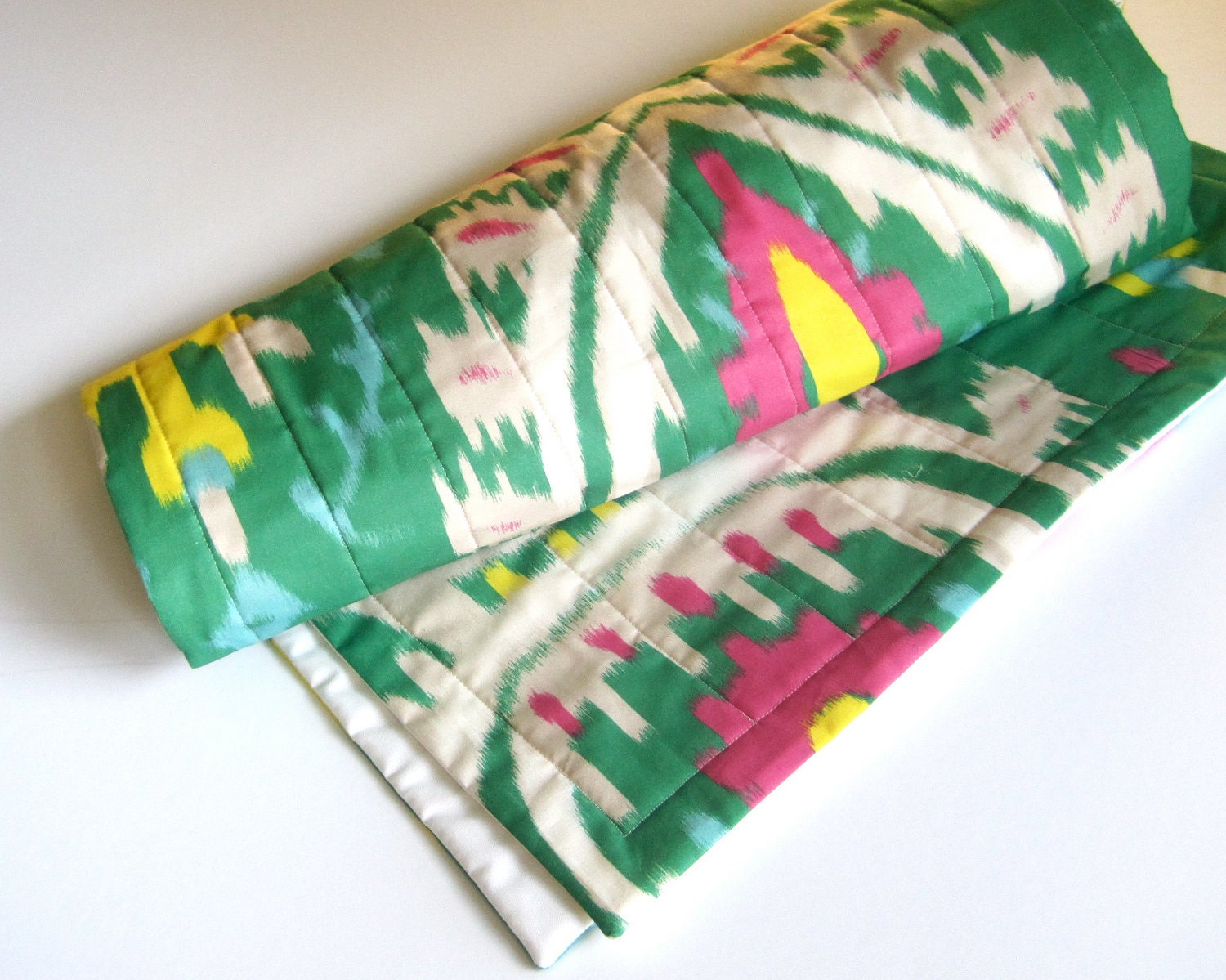 ORGANIC Baby Quilt - Tribal Ikat Modern Kids Bedding - Geometric Hot Pink Flambe, Chartreuse and Emerald