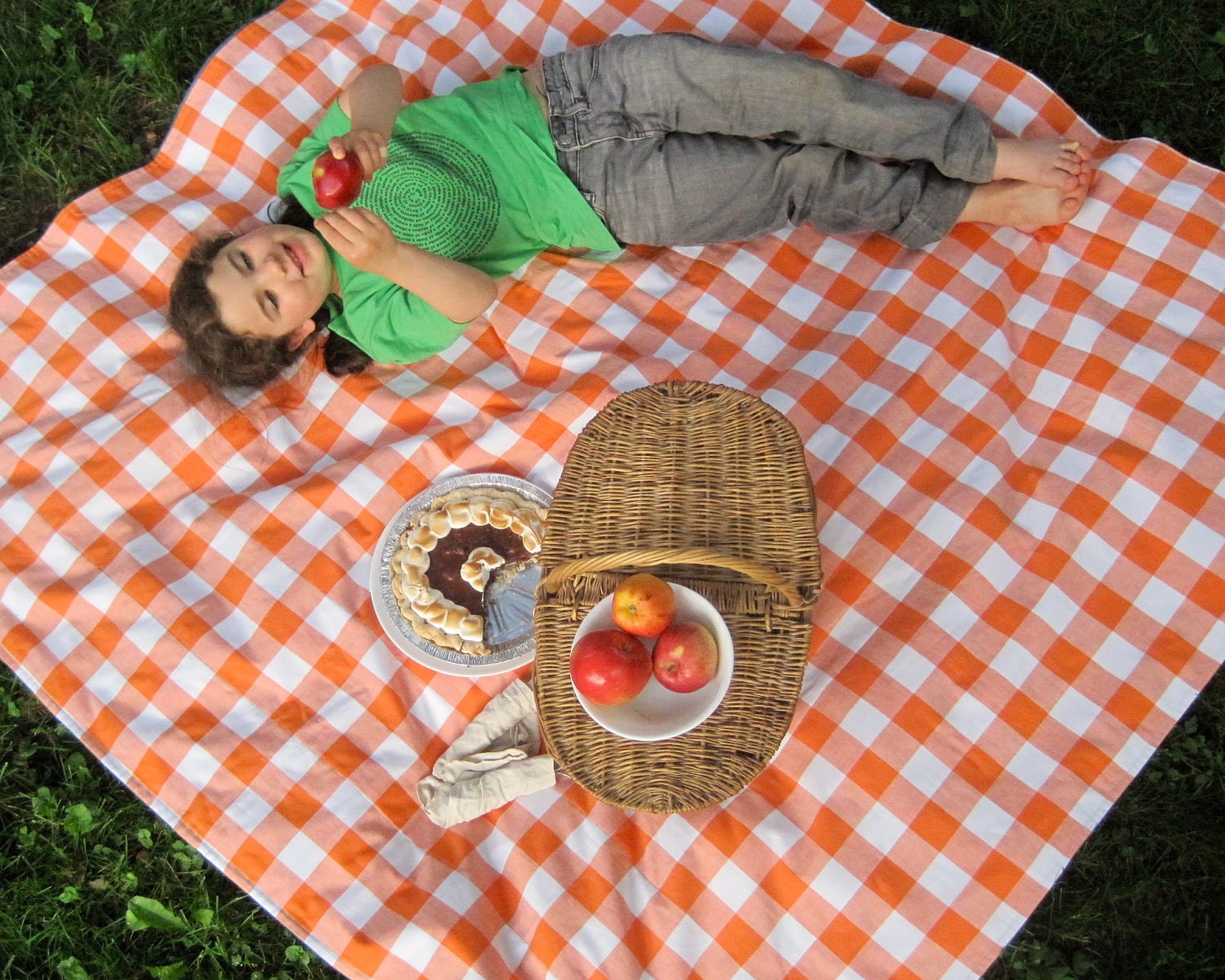 PICNIC BLANKET - XL Sized Quilted Outdoors Blanket in Retro Orange White Gingham - Beach Blanket (Last One)