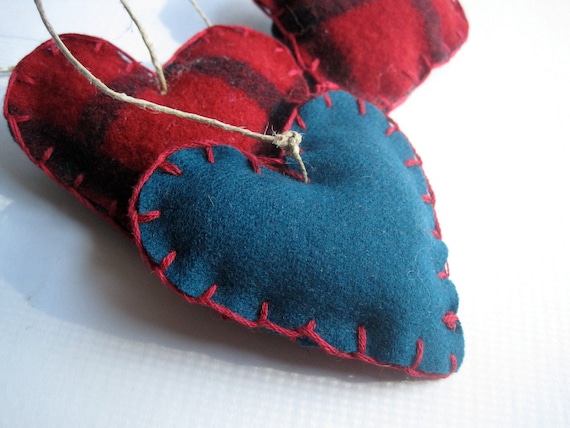 Lumberjack Heart Felts SET of 5 - Wool Heart Ornaments in Red Plaid - Eco friendly Love