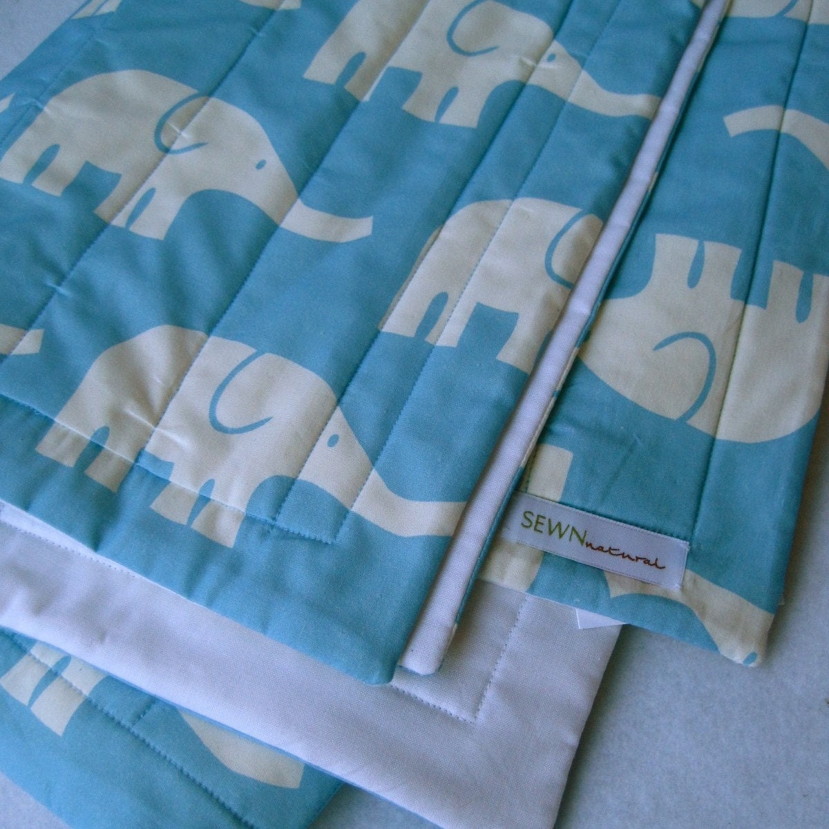 ORGANIC baby quilt / modern turquoise blue elephants crib bedding quilted blanket
