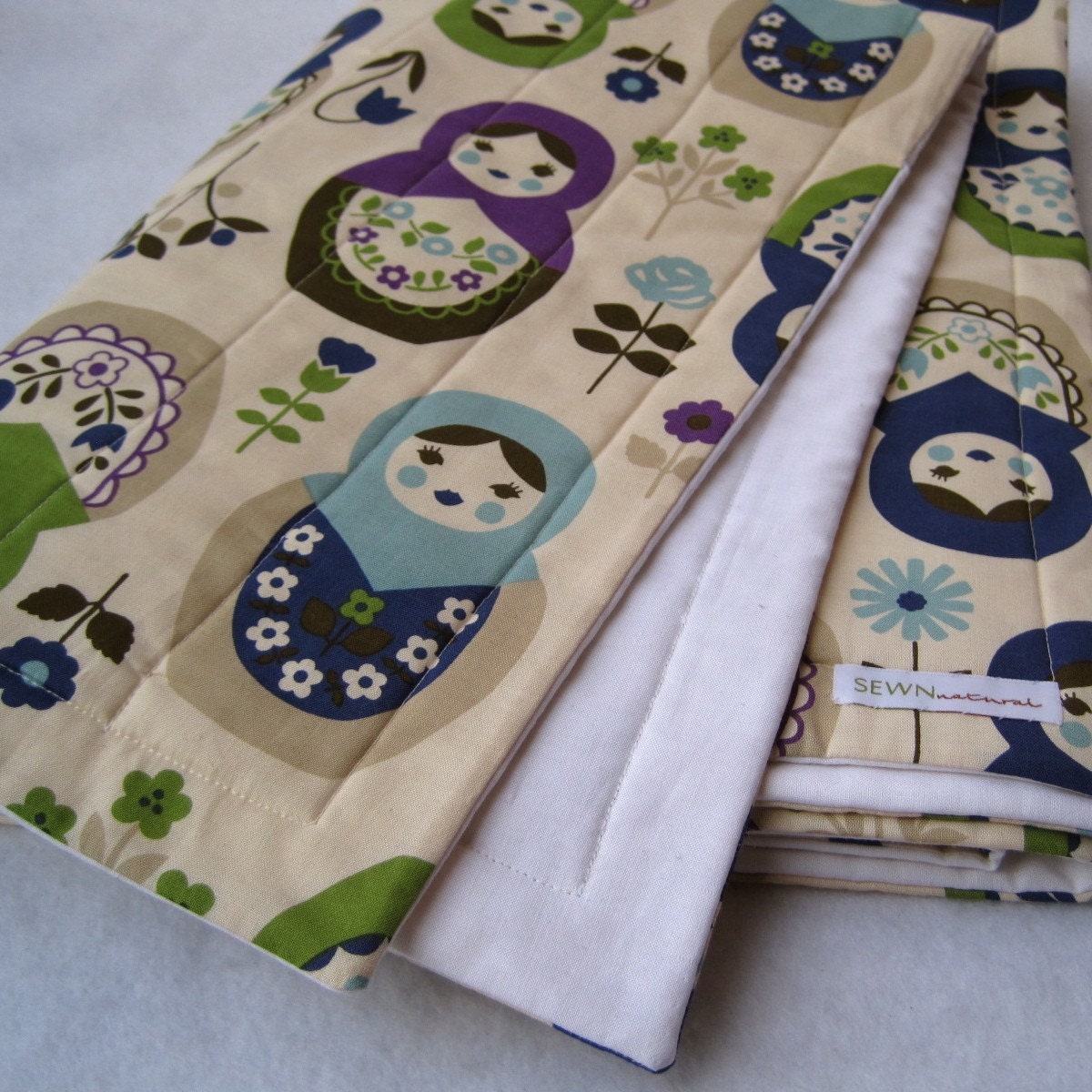 eco organic baby quilt and toddler bedding / Japanese matryoshka dolls in blue, green and purple