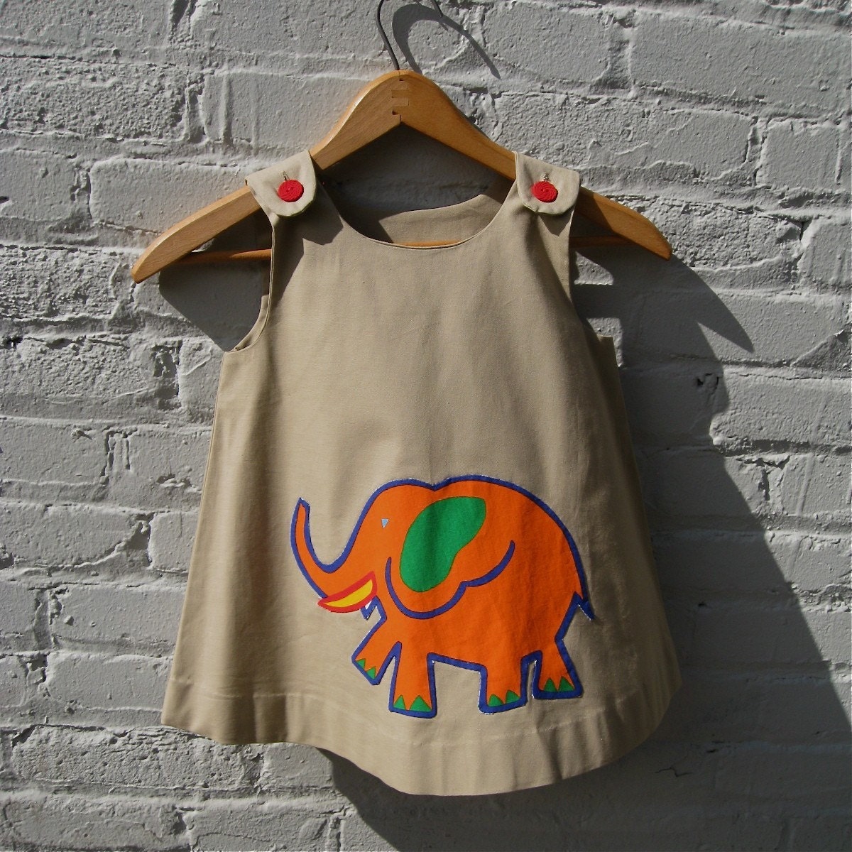 organic girls dress with golden orange vintage elephant / indie custom kids clothing