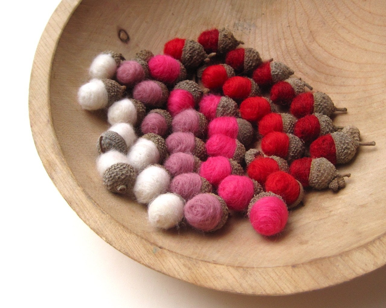 Reserved for Kate - Valentine's Day Felted Acorns Love SET of 40 / Eco Friendly Home Decor in Red Pink White- and ready to ship
