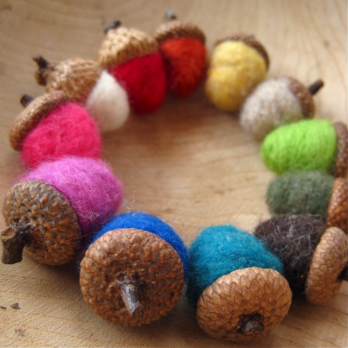 wool acorns felted rainbow SET of 12 / rustic eco friendly table and wedding decor - hostess favours gift
