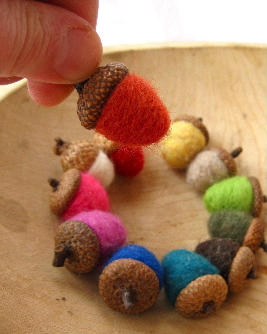 wool acorns felted rainbow SET of 12 / rustic eco friendly table and wedding decor - hostess favours gift