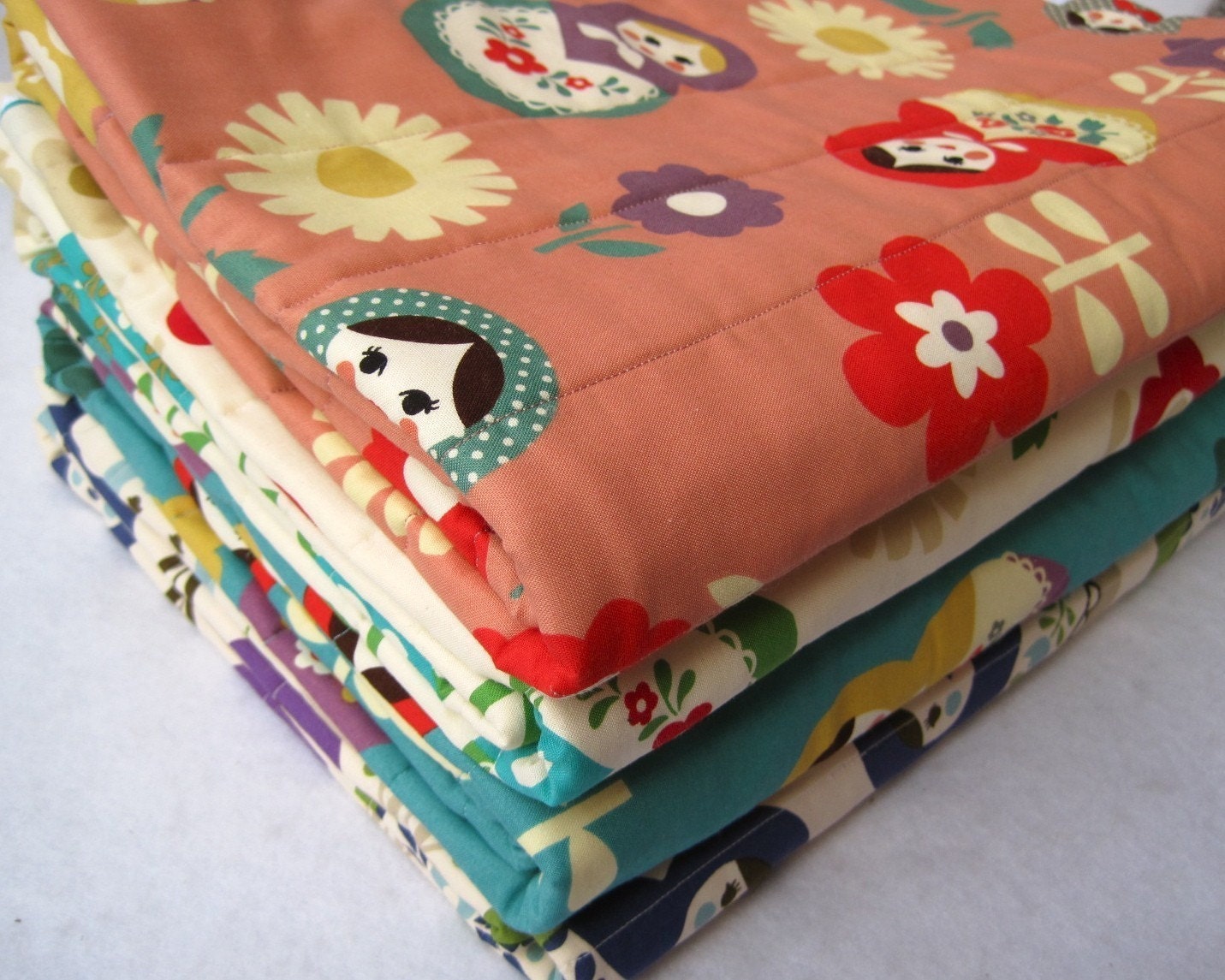 matryoshkas baby quilt organic / peach pink russian nesting dolls nursery bedding