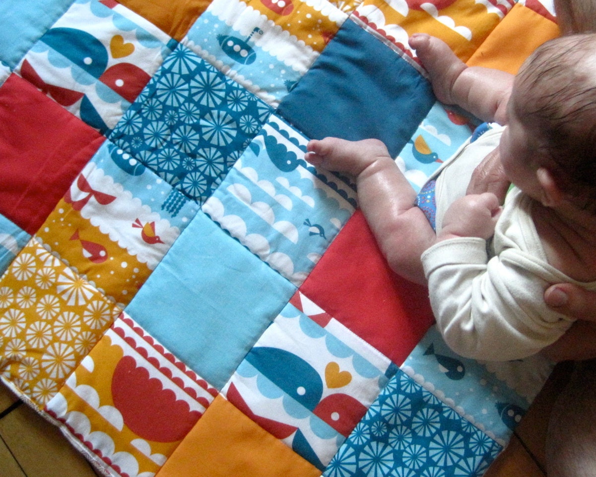 Organic Baby Playmat Quilted Nautical / XL Ocean Blue Orange Eco-Friendly Quilt for Baby Boys (LAST 2)