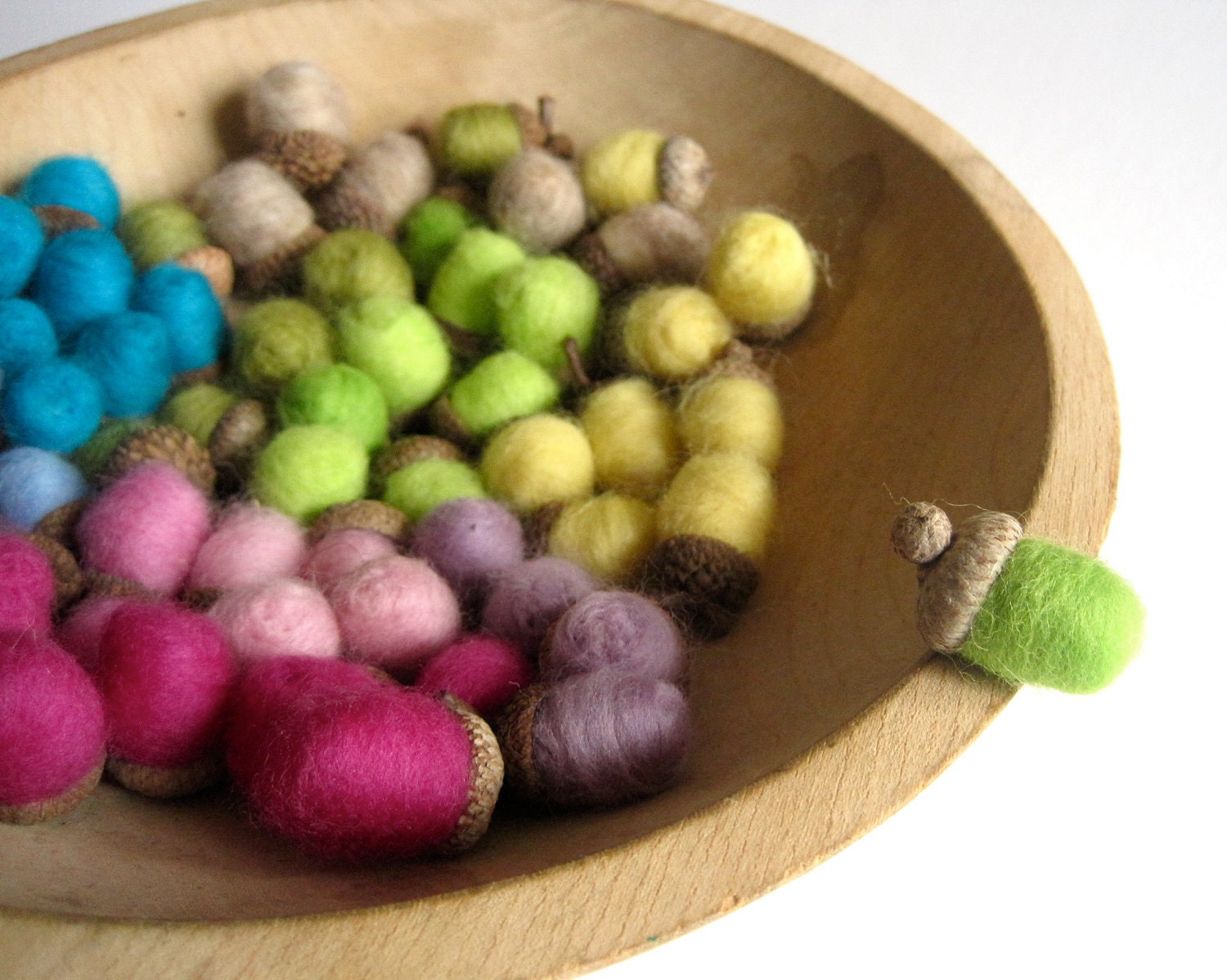 giant SET of 60 felted wool acorns - 1980s neon remix rainbow / eco friendly home decor table decorations - SALE