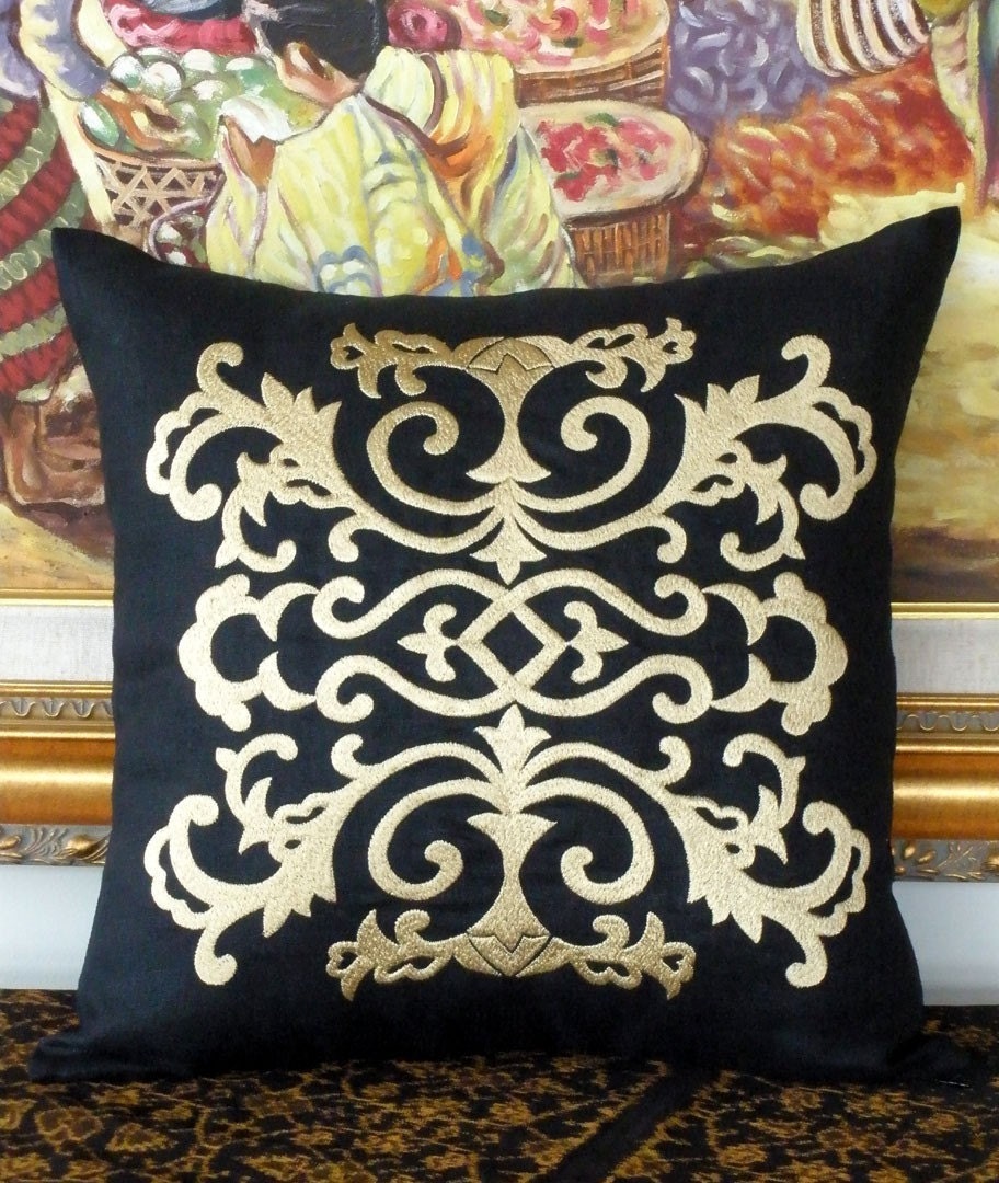 Golden Damask Embroidered Throw Pillow Cover - Black Linen Decorative Pillow Cover 18" x 18"