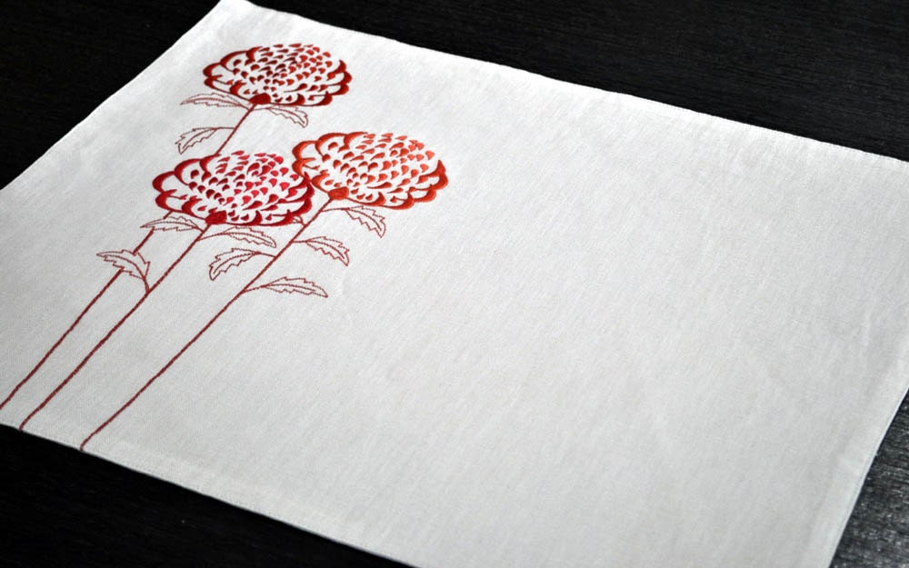 Orange Flower Waratah Placemat, Embroidered Placemat Set of 4, Oatmeal Linen Placemats with Orange Flowers.Table Linen, Tabletop