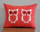Twin Owls Lumbar Pillow Cover, Decorative Pillow Cover, Off White Owl on Red Orange Linen Pillow Cover, Pillow Case 12 x 16, Cushion Cover