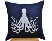 Octopus Throw Pillow Cover, Decorative Pillow Cover, White Octopus Embroidery on Navy Blue Linen, Navy Pillow Accent, Pillow Case 18 x 18