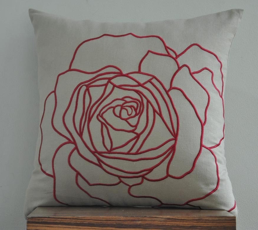 Throw Pillow Cover, Oatmeal Linen Pilow, Decorative Pillow, Red Rose, Embroidered, Toss Pillow