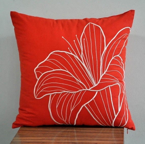 Orange Lily Pillow Cover Embroidered Decorative Pillow by KainKain