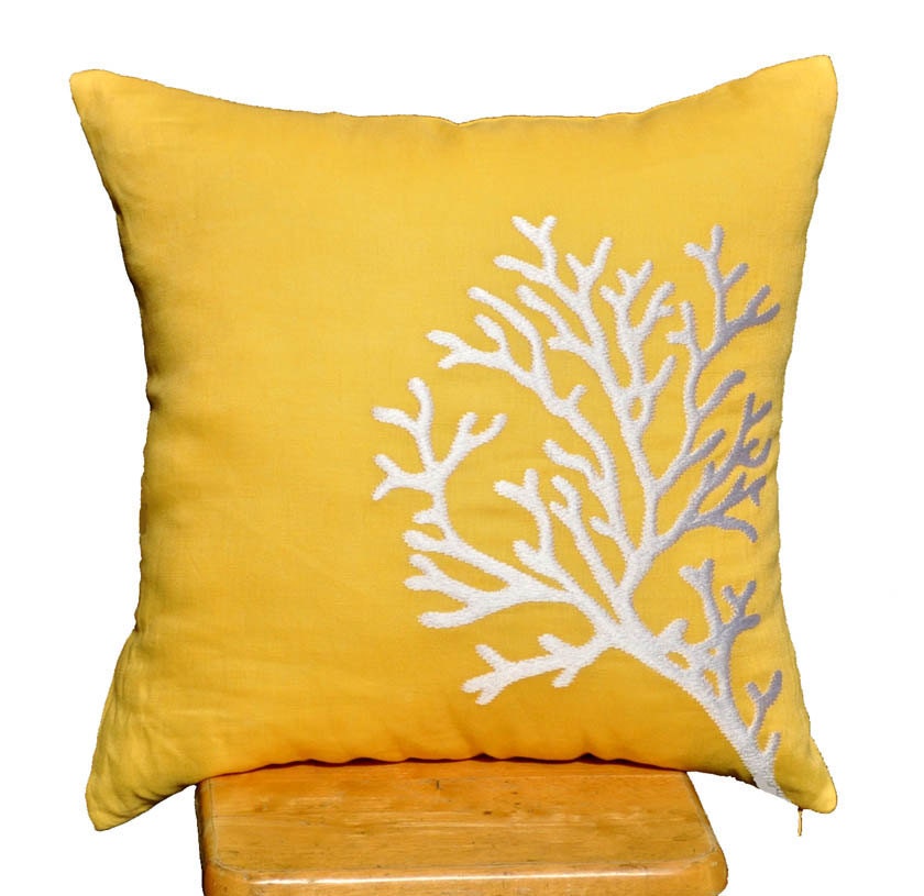 White Coral Branch Pillow Cover -  Embroidered Throw Pillow Cover 18" x 18" - Yellow Linen with White Coral Branch Embroidery - KainKain