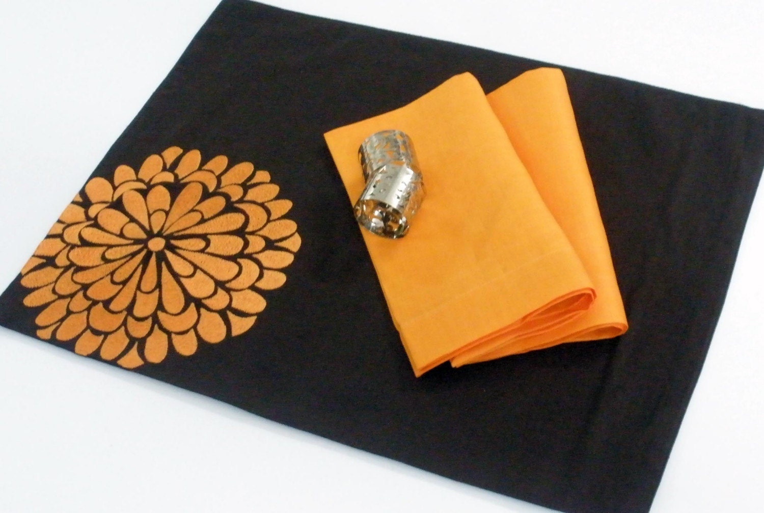 Dark Brorwn Linen with Orange Flock Flower Embroidery Placemat - Set of 4