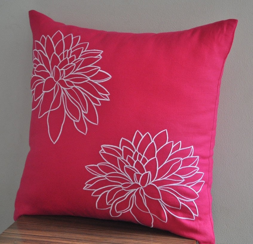 Pink Flower Decorative Throw Pillow Cover, Poinsettia on Fuchsia Pink Linen, White Embroidered Pillow, Cushion cover, Pillow Case 18x18