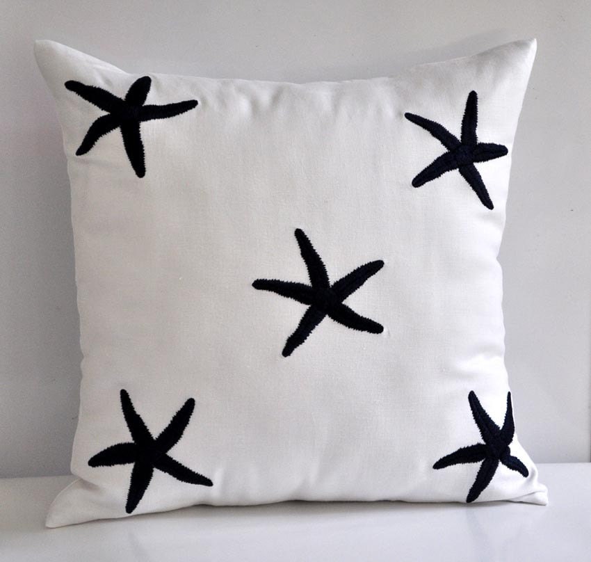Navy Blue Starfish Throw Pillow Cover, Decorative Pillow Cover, White Linen Navy Blue Starfish, Pillow Case 18 x 18, Beach Cushion Cover
