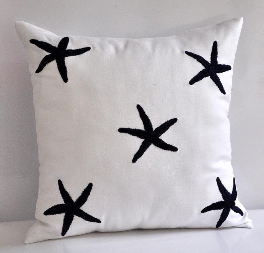 Navy Blue Starfish Throw Pillow Cover, Decorative Pillow Cover, White Linen Navy Blue Starfish, Pillow Case 18 x 18, Beach Cushion Cover
