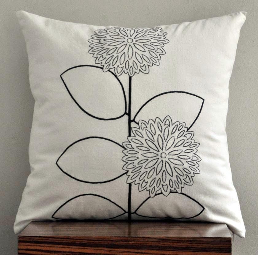 Modern Sunflower Pillow Cover, Brown Flower EMbroidery on Cream Linen PIllow, Decorative Throw PIllow Cover 18 x 18, PIllow Accent, Cushion