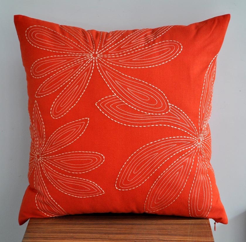 Orange Throw Pillow Cover, 18x 18 Pillow Cover, Orange Linen Beige Leaves Pillow. Accent Pillow Cover, Decorative, Cushion Cover