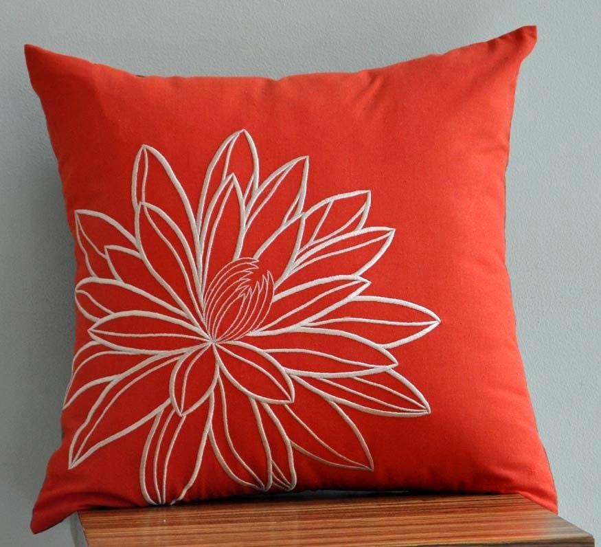 Lotus DecorativeThrow Pillow Cover, Orange Pillow Beige Lotus, Accent Pillow, Pillow Case 18x 18, Cushion Cover, Linen Pillow