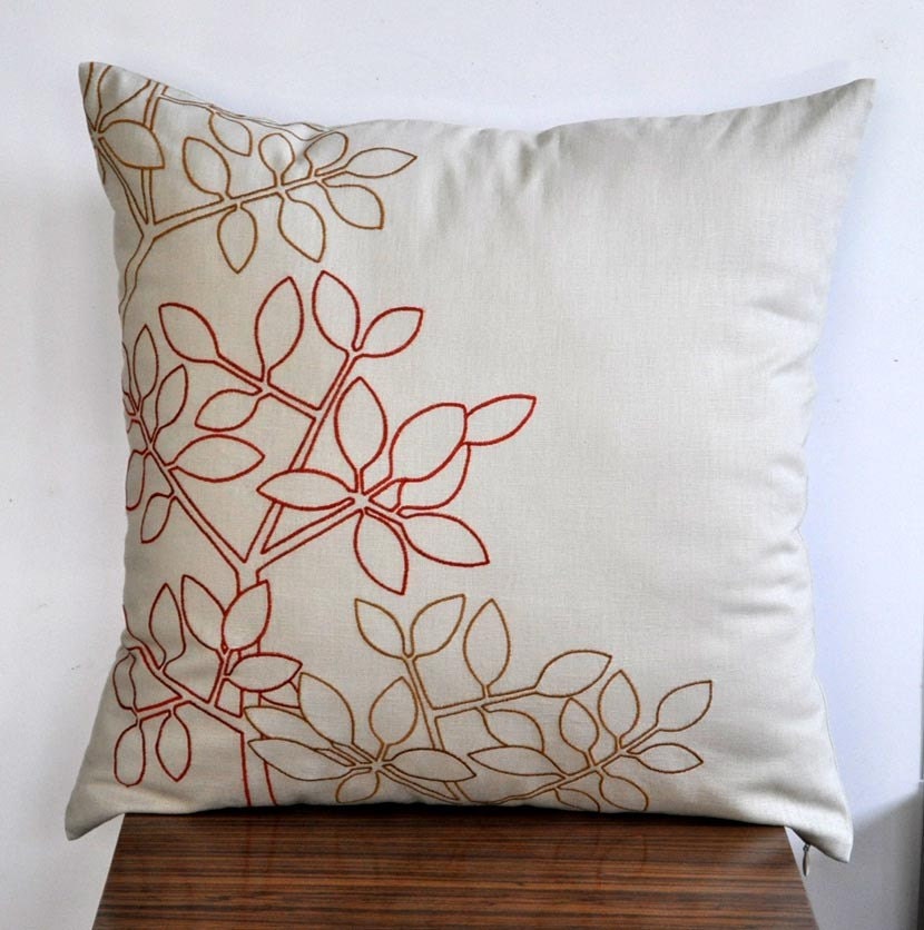 Twig Leaves Throw Pillow Cover, Decorative pillow cover 18 x 18, Oatmeal Linen Orange Ochre Leaves, Embroidered Pillow, Pillow Accent
