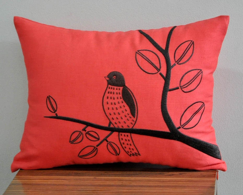 Bird Lumbar Pillow Cover, Decorative Pillow Cover, Orange Pillow with Lonely Dark Brown Bird, Pillow Cover 12 x 16, Pillow accent orange