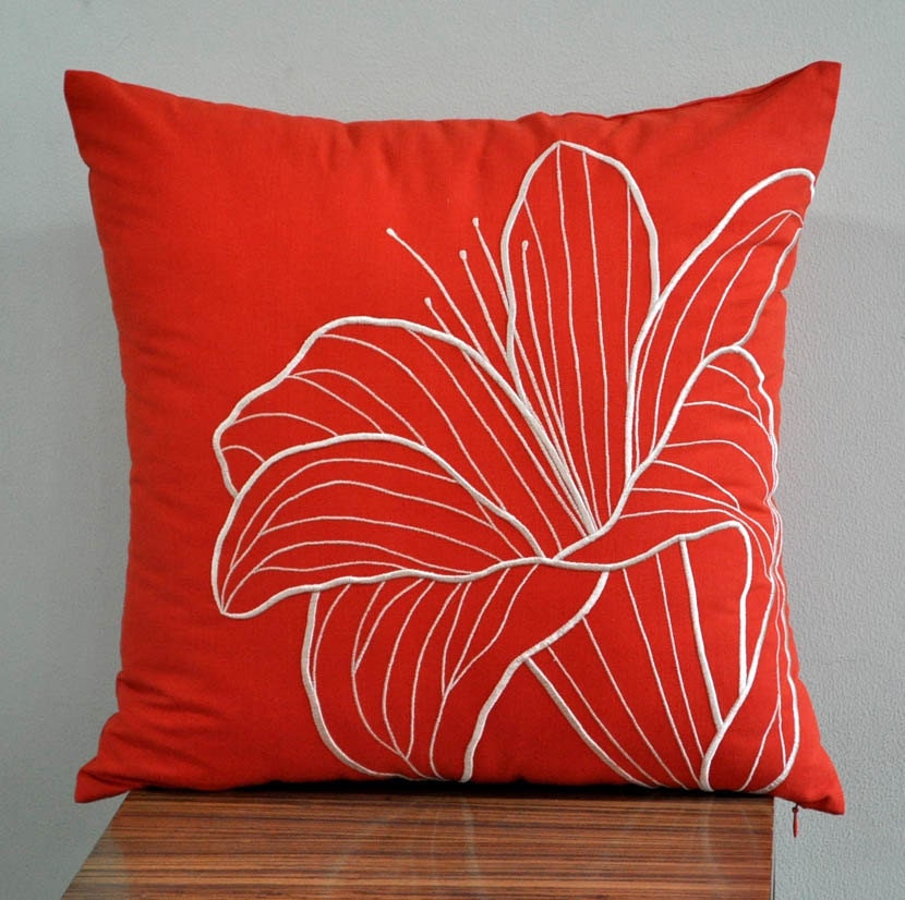 Orange Lily Pillow Cover, Embroidered Decorative Pillow Cover, Beige Flower on Orange Linen, Pillow Case 18 x 18, Orange Pillow Cover