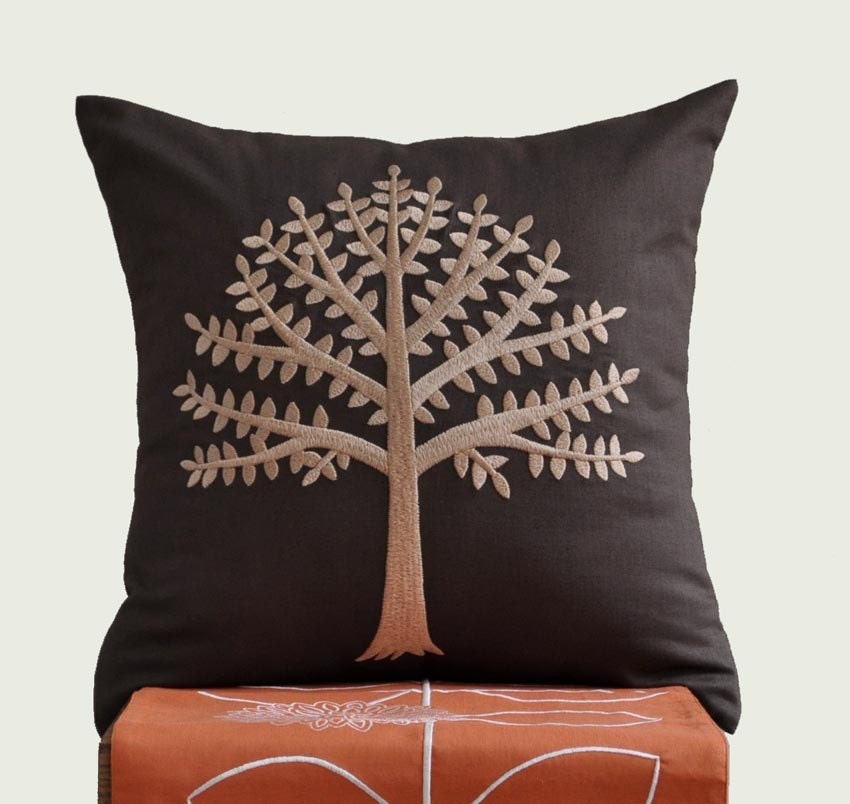 Beige Tree Throw Pillow Cover, Dark Brown Linen Pillow Cover with Beige Tree Embroidery, Decorative Pillow For Couch, Pillow Case 18 x 18