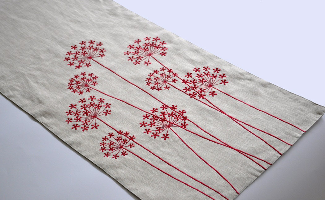 Red Queen Ann Table Runner,14" x 64" Embroidered table runner, Red Flower Natural Linen Table Runner, Modern Table Linen, Holiday Tabletop