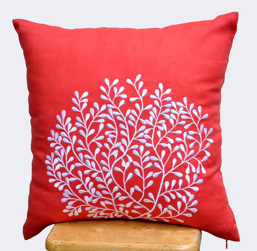 Coral Fan Decorative Pillow Cover, White Coral Embroidery on Red Orange Linen Pillow, Pillow case 18 x 18, Orange Pillow Accent,Pillow